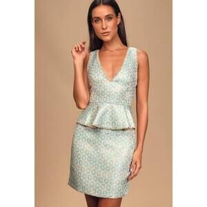 Lulus Afternoon Affair Blue Floral Print Jacquard Peplum Mini Dress - Size M